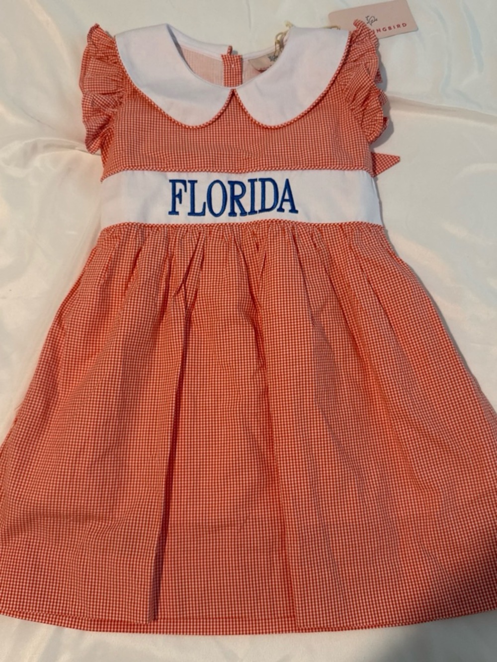 Smocked 'FLORIDA' Orange Gingham Kids Dress with Peter Pan Collar